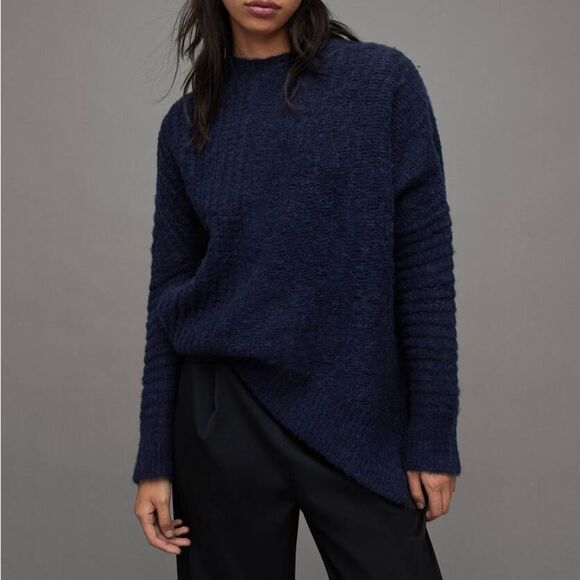 All Saints Selena Mixed Stitch Asymmetric Sweater Midnight Blue, NWT, Size S - Picture 4 of 12